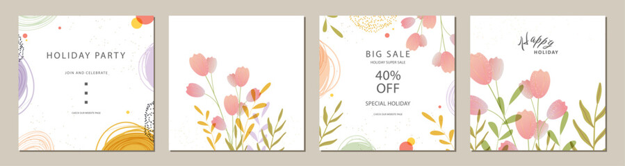 trendy floral abstract square template in set. Suitable for social media posts, cards, invitations, banner and web ads