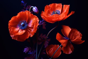  a close up of three red flowers on a black background with a blue center on the center of the flower.