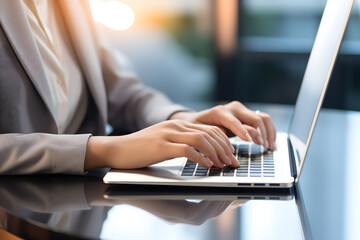 Closeup, business woman hands working and typing on laptop computer keyboard on office table , online working, surfing the internet, social media, global network. Generative Ai.