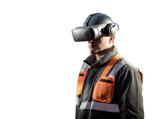 A futuristic architectural engineer, civil engineer wearing an augmented reality headset and overalls, transparent background. 