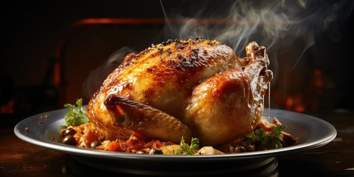 Golden roasted chicken rests on a plate, steam rising from its crisp skin.
