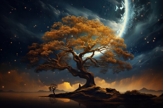  a painting of a tree sitting on top of a hill under a night sky with stars and a full moon.