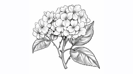 drawing a little hortensia, illustration, no shading, coloring page, vector outline