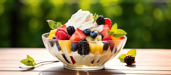 Fruit salad with ice cream outdoors. Shallow depth of field photo for a natural view. Vibrant colors. - obrazy, fototapety, plakaty