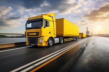 Fototapeta na wymiar a yellow semi truck driving down a highway next to a body of water with a bridge in the back ground.