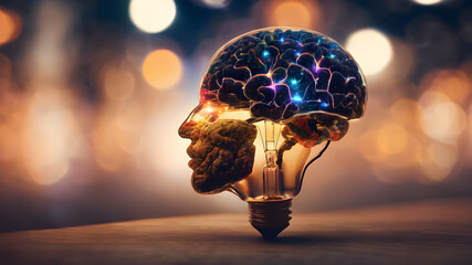  Virtual brain in light bulb education concept.creative thinking idea innovation strategy. AI generated image - obrazy, fototapety, plakaty