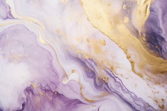  a close up of a purple, gold and white marble with a white and gold swirl on top of it.