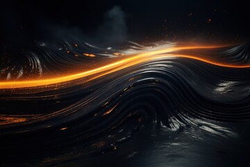  a computer generated image of a wave of orange and black lines on a dark background with smoke and light coming from the top of the waves.