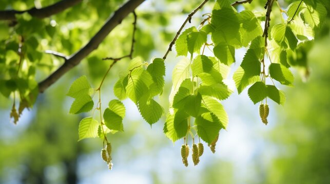 birch tree catkins and young juicy green leaves on the branches in sunny spring summer day. fresh green spring background