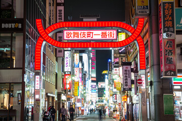 歌舞伎町一番街の夜の街並み風景_夜景_東京都新宿区 - obrazy, fototapety, plakaty