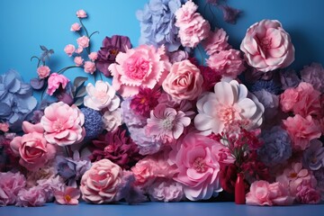  a bunch of pink and purple flowers on a blue background with a red vase in the middle of the picture.