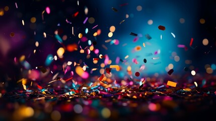 Bright colorful lights and confetti bokeh background