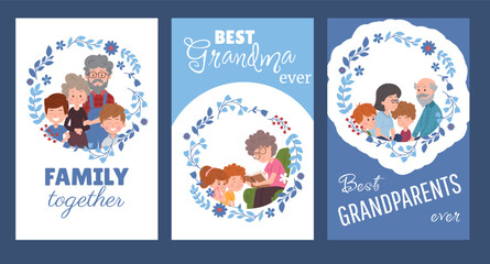 Fototapeta na wymiar Vector set flat postcards template for Happy Grandparent's Day, best grandparents with grandchildren portrait, lettering
