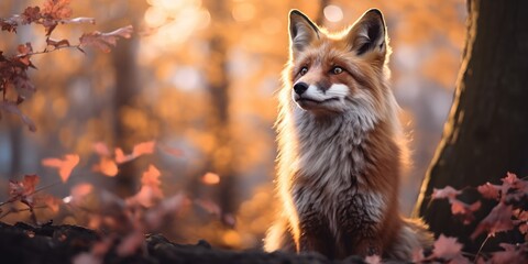 Fox stands alert in a forest aglow with twilight's magic.