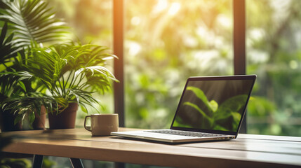 Fototapeta premium Home office with laptop on a table and indoor plants - ai generative