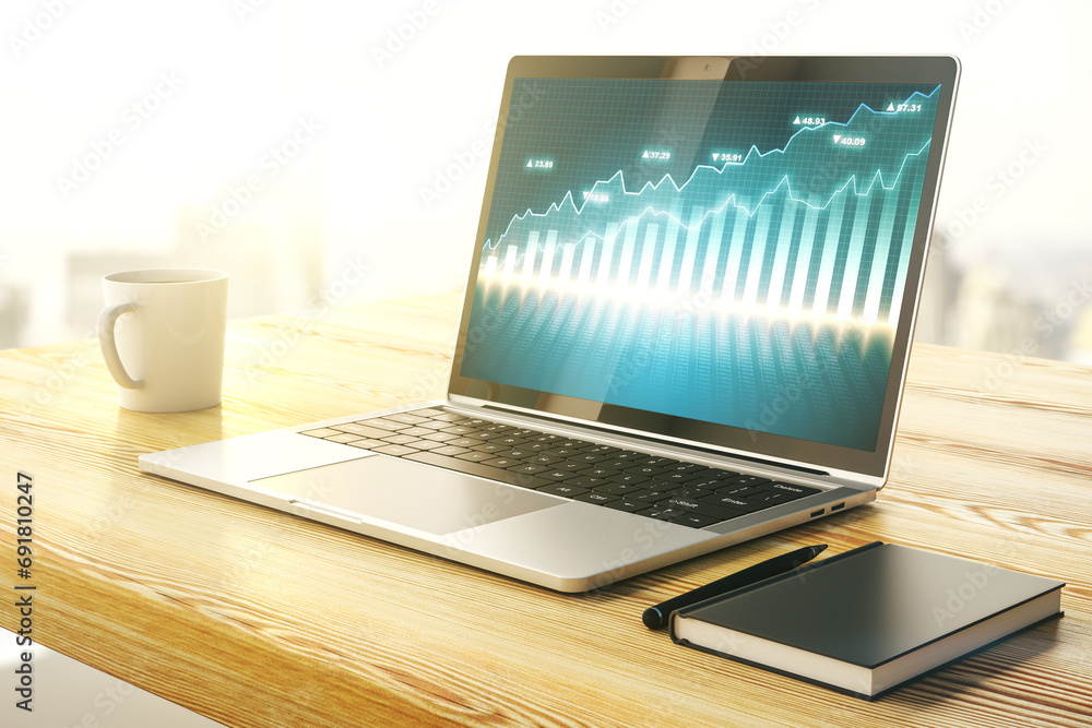 Poster modern computer screen with abstract creative financial chart, research and analytics concept. 3d re