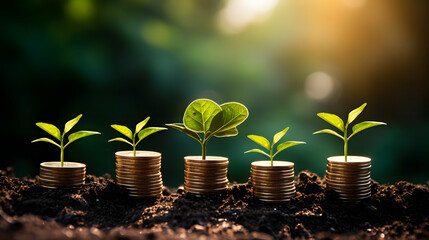 Concept of business growth,profit, development and success. Young plants increase on sunny background.Growing money,finance and investment. Generative Ai.