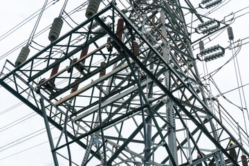 close up view of  electricity transmission tower with details.