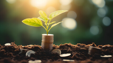 Concept of business growth,profit, development and success. Young plants increase on sunny background.Growing money,finance and investment. Generative Ai. - obrazy, fototapety, plakaty