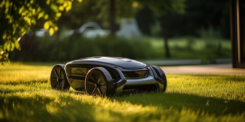 Robotic lawnmower trims the grass, silently roaming the vibrant lawn. - obrazy, fototapety, plakaty