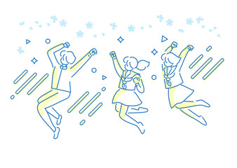 イラスト素材: ベクターイラスト素材：ジャンプして喜ぶ学生・男女・制服姿_桜