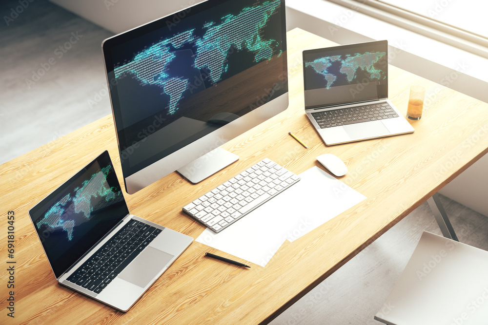 Poster abstract creative digital world map on modern laptop monitor, tourism and traveling concept. 3d rend