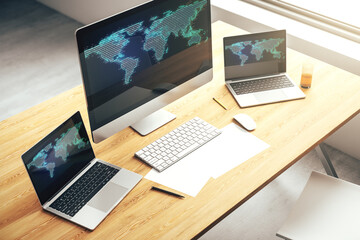 Abstract creative digital world map on modern laptop monitor, tourism and traveling concept. 3D...