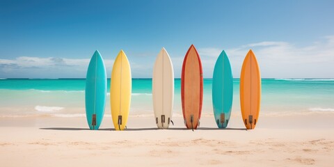 Colorful surfboards lean on a tropical beach, silent sentinels of the surf.