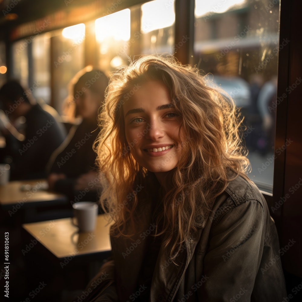Poster a woman sitting at a table in front of a window. generative ai.
