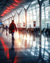 A man is walking through an airport terminal. Generative AI.