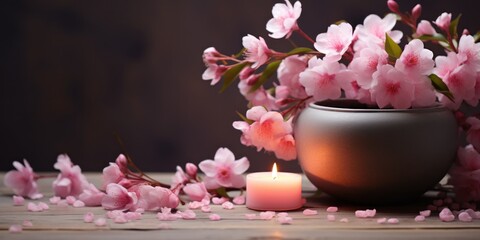 Obraz na płótnie Canvas Pink blossoms spill from a rustic pot with a candle glowing warmly beside it.