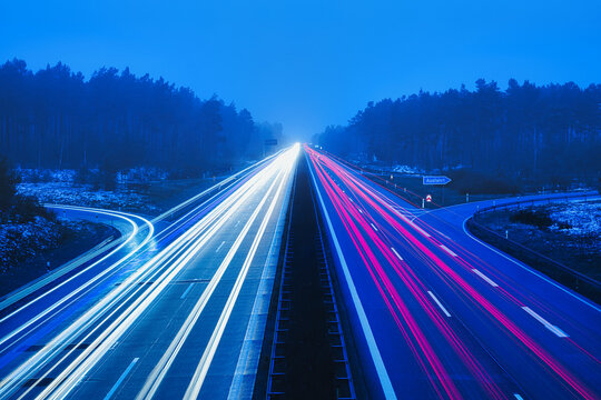 Langzeitbelichtung - Autobahn - Strasse - Traffic - Travel - Background - Line - Ecology - Highway - Long Exposure - Motorway - Night Traffic - Light Trails - Winter - Schnee - Nebel	 - A13