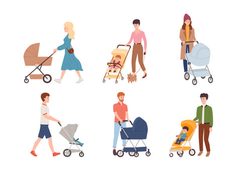 Set of people pushing baby stroller, flat vector illustration isolated on white background.