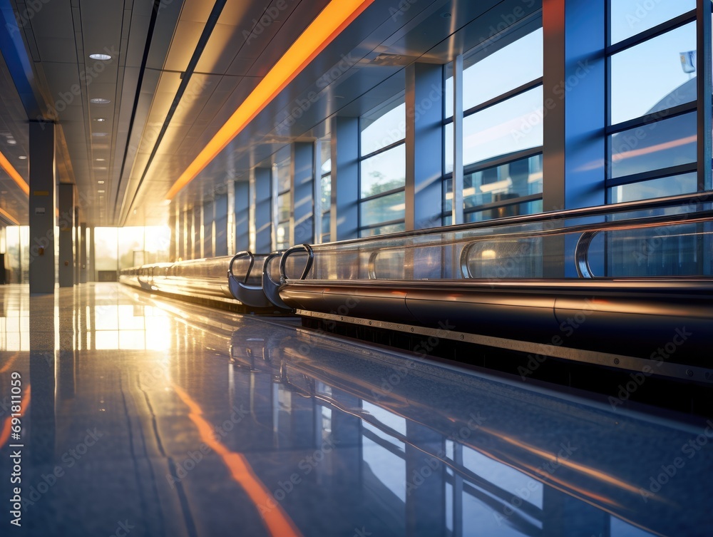Aufkleber a view of an empty airport terminal at sunset. generative ai.