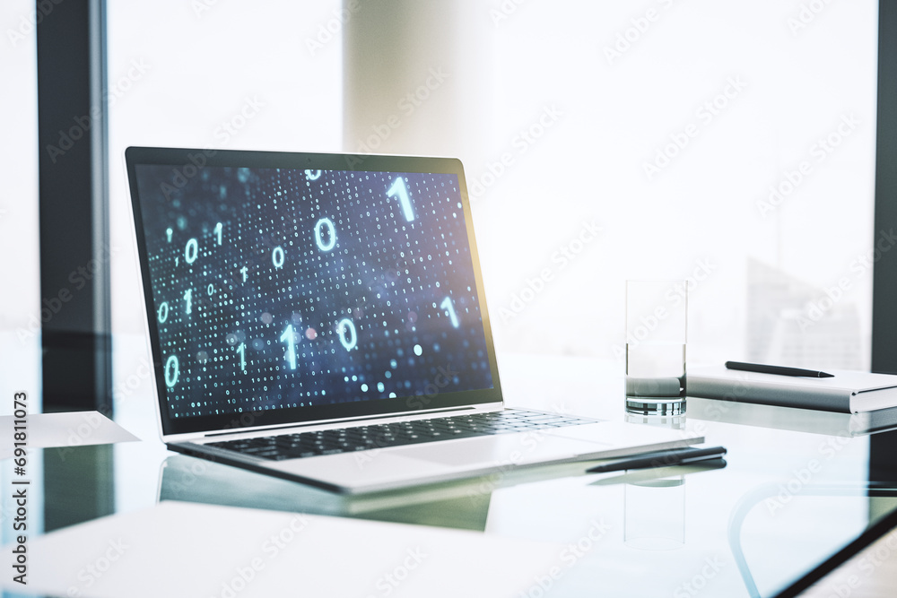 Poster creative abstract binary code sketch on modern laptop monitor, hacking and matrix concept. 3d render
