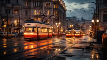 A red and white tram on a city street. Generative AI. - obrazy, fototapety, plakaty