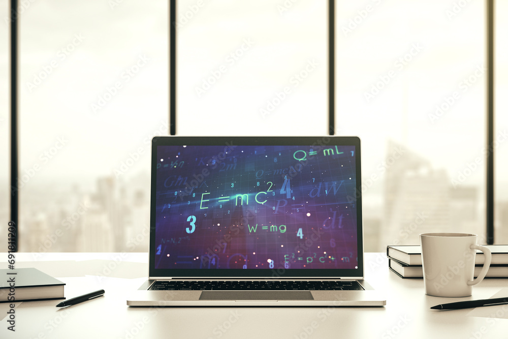Poster Modern computer monitor with creative scientific formula concept, research and development concept. 3D Rendering