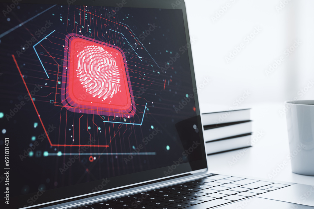 Aufkleber Computer monitor with abstract fingerprint scan interface, digital access concept. 3D Rendering