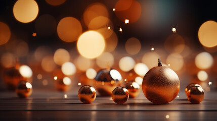 Fototapeta premium Graphic Background of Sparkling Golden Christmas Baubles on Wooden Table with Festive Lights, evoking the cozy ambiance of the holiday season