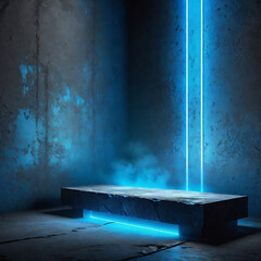 A Podium in the Empty Room with Rough Gray Concrete Walls, Floor and Ceiling lit by Neon Blue, Volumetric Lighting, 3D Rendering. Dark Grunge Background for Display Products