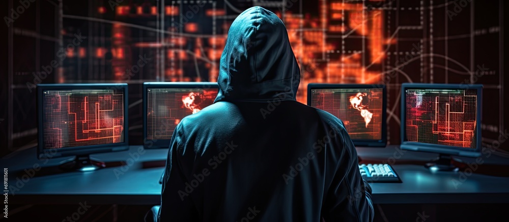 Poster cybercriminal infiltrating server, breaching security, hacking big data hardware, hooded man on moni