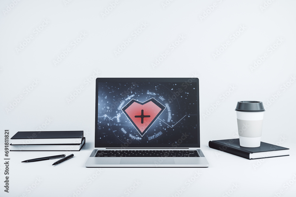 Poster creative abstract heart pulse hologram on modern computer monitor, online medical consulting concept