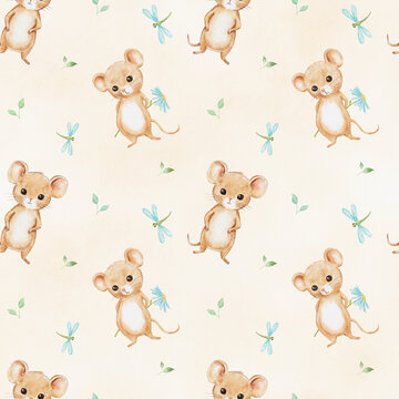 Seamless pattern with cute little mouse character on beige background. Endless watercolor pattern for textiles or fabric for newborns. Cartoon happy baby rat