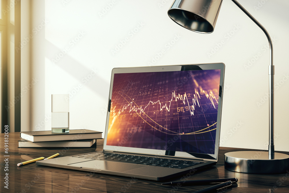 Poster computer monitor with abstract financial graph, finance and trading concept. 3d rendering