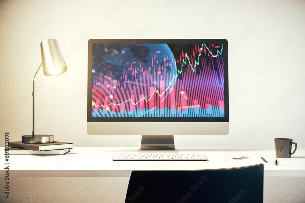 Poster modern computer display with abstract financial graph with world map, financial and trading concept.