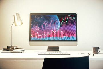 Modern computer display with abstract financial graph with world map, financial and trading concept. 3D Rendering