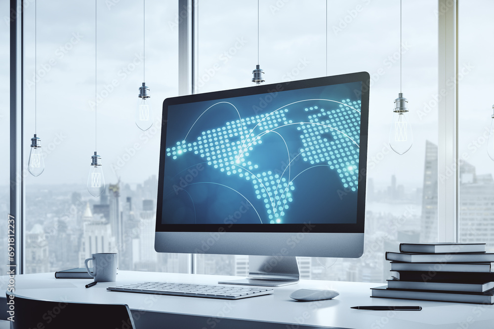 Poster abstract creative world map with connections on modern laptop screen, international trading concept.