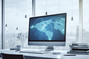 Abstract creative world map with connections on modern laptop screen, international trading concept. 3D Rendering