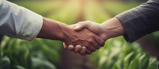 Farmer and Business man shaking hands in Agricultural area. . Agricultural business concept.
