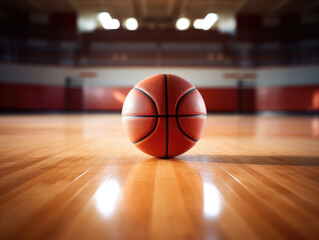 Naklejka premium A basketball on a polished wood court with the hoop in the background, ready for play.
